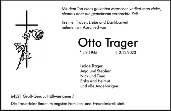 Traueranzeige von Otto Trager von Groß-Gerauer Echo