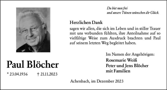 Traueranzeige von Paul Blöcher von Hinterländer Anzeiger