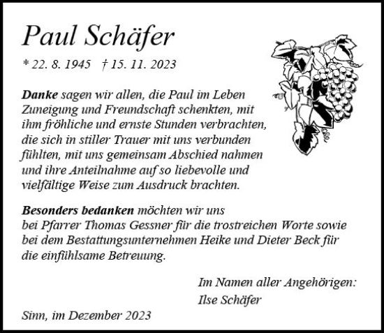 Traueranzeige von Paul Schäfer von Dill Block