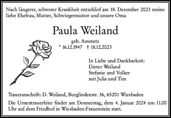Traueranzeige von Paula Weiland von Wiesbadener Kurier