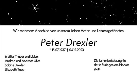 Traueranzeige von Peter Drexler von Darmstädter Echo