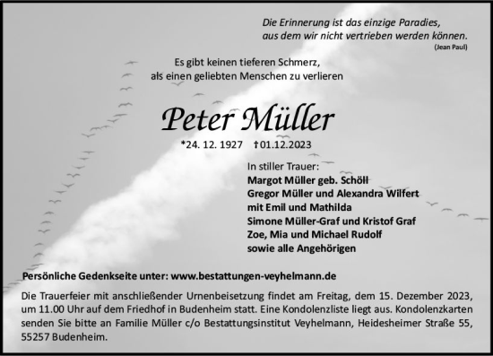Traueranzeige von Peter Müller von Allgemeine Zeitung Mainz