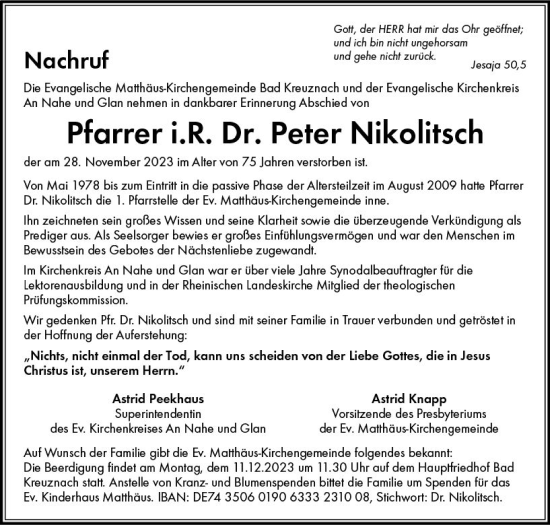 Traueranzeige von Peter Nikolitsch von Allgemeine Zeitung Bad Kreuznach