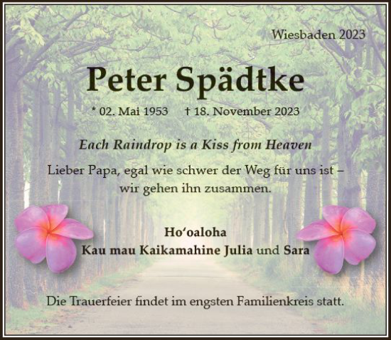Traueranzeige von Peter Spädtke von Wiesbadener Kurier