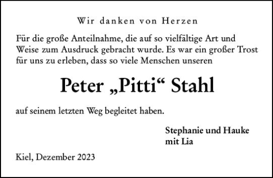 Traueranzeige von Peter  Stahl von Wetzlarer Neue Zeitung
