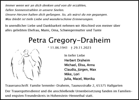 Traueranzeige von Petra Gregory-Draheim von Wiesbadener Kurier