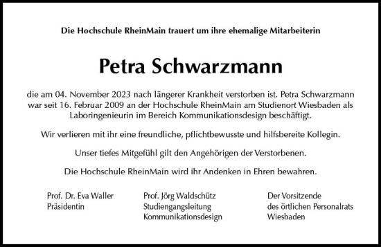 Traueranzeige von Petra Schwarzmann von Wiesbadener Kurier