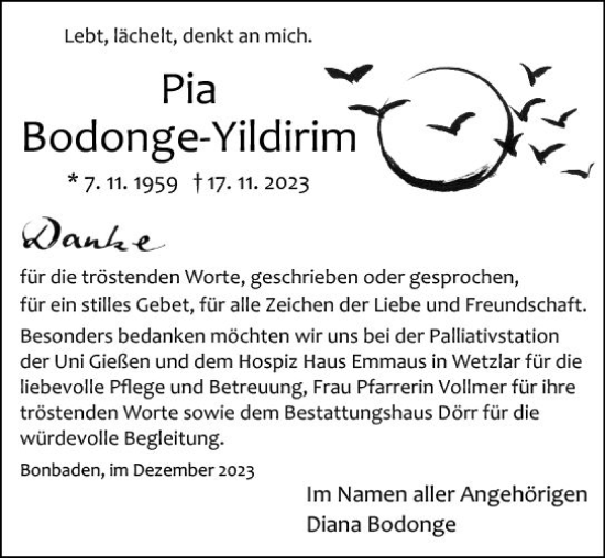 Traueranzeige von Pia Bodenge-Yildrim von Wetzlarer Neue Zeitung