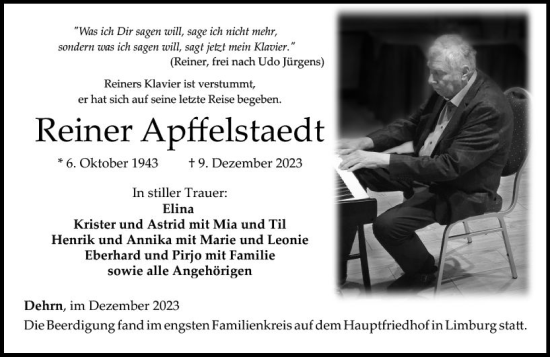 Traueranzeige von Reiner Apffelstaedt von Nassauische Neue Presse
