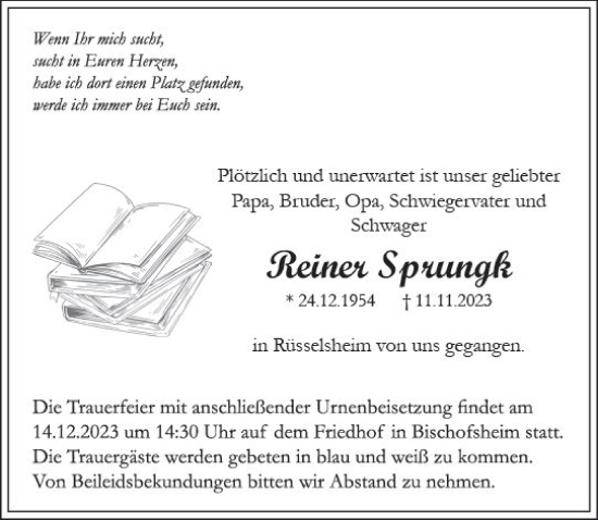 Traueranzeige von Reiner Sprungk von Rüsselsheimer Echo