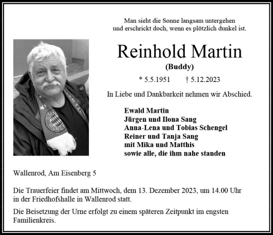 Traueranzeige von Reinhold Martin von VRM Trauer