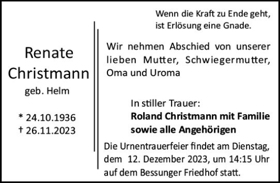 Traueranzeige von Renate Christmann von Darmstädter Echo