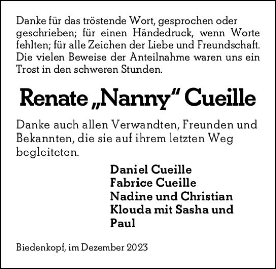 Traueranzeige von Renate  Cueille von Hinterländer Anzeiger
