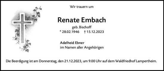Traueranzeige von Renate Embach von Starkenburger Echo