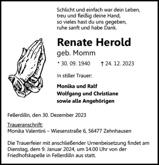 Traueranzeige von Renate Herold von Dill Block