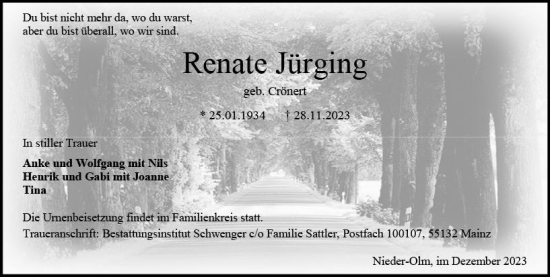 Traueranzeige von Renate Jürging von Allgemeine Zeitung Alzey