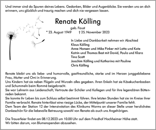 Traueranzeige von Renate Kölling von Wormser Zeitung