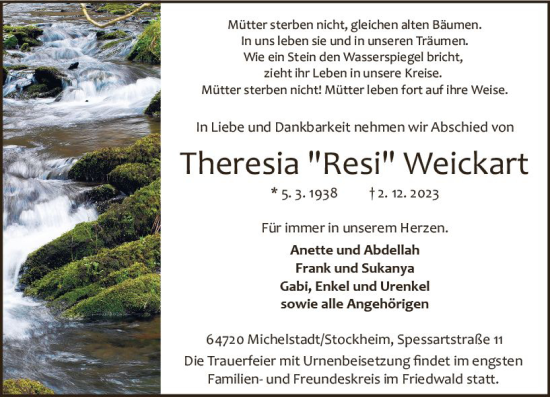 Traueranzeige von Resi Weickart von Odenwälder Echo