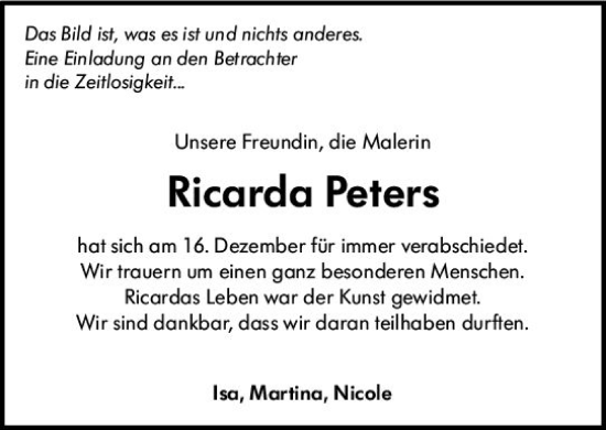 Traueranzeige von Ricarda Peters von Wiesbadener Kurier
