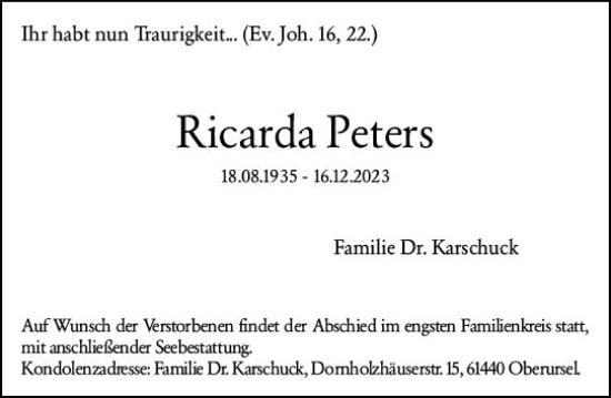 Traueranzeige von Ricarda Peters von Wiesbadener Kurier