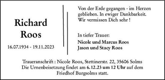 Traueranzeige von Richard Roos von Wetzlarer Neue Zeitung
