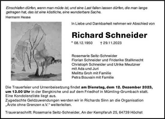 Traueranzeige von Richard Schneider von Odenwälder Echo