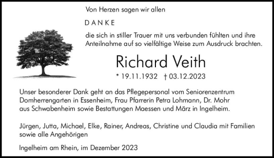 Traueranzeige von Richard Veith von Allgemeine Zeitung Bingen/Ingelheim