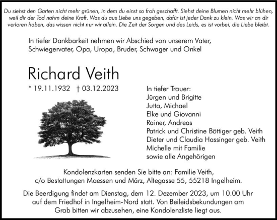 Traueranzeige von Richard Veith von Allgemeine Zeitung Bingen/Ingelheim