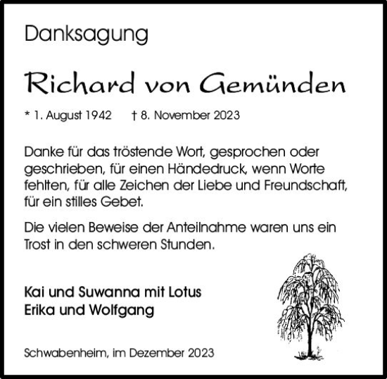Traueranzeige von Richard von Gemünden von Allgemeine Zeitung Bingen/Ingelheim