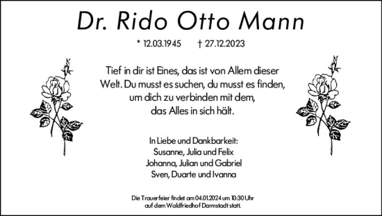 Traueranzeige von Rido Otto Mann von Darmstädter Echo
