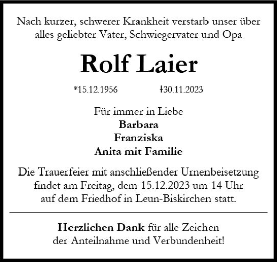 Traueranzeige von Rolf Laier von Wetzlarer Neue Zeitung