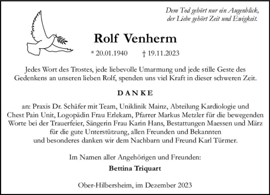 Traueranzeige von Rolf Venherm von Allgemeine Zeitung Bingen/Ingelheim