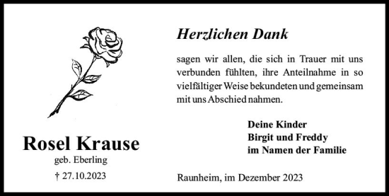Traueranzeige von Rosel Krause von Rüsselsheimer Echo