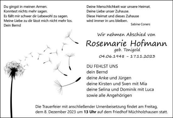 Traueranzeige von Rosemarie Hofmann von Wetzlarer Neue Zeitung