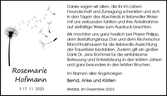 Traueranzeige von Rosemarie Hofmann von Wetzlarer Neue Zeitung