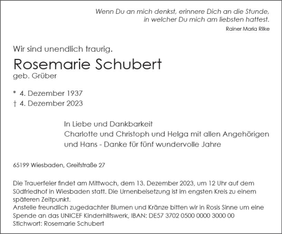 Traueranzeige von Rosemarie Schubert von Wiesbadener Kurier