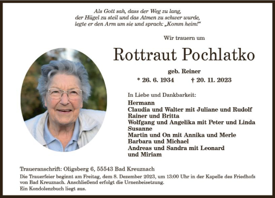 Traueranzeige von Rottraut Pochlatko von Allgemeine Zeitung Bad Kreuznach