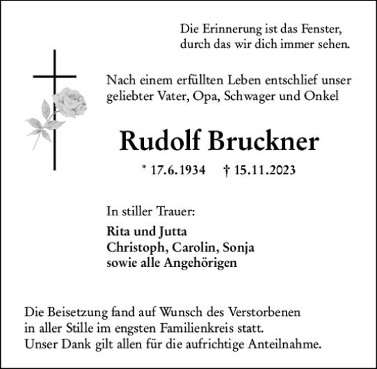 Traueranzeige von Rudolf Bruckner von Weilburger Tageblatt