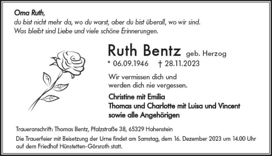 Traueranzeige von Ruth Benz von Idsteiner Land/Untertaunus