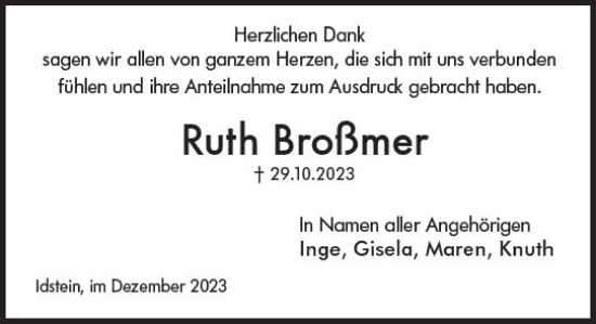 Traueranzeige von Ruth Broßmer von Idsteiner Land/Untertaunus