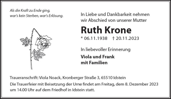 Traueranzeige von Ruth Krone von Idsteiner Land/Untertaunus