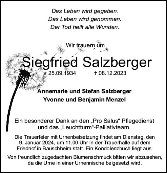 Traueranzeige von Siegfried Salzberger von Rüsselsheimer Echo
