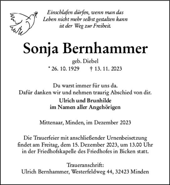Traueranzeige von Sonja Bernhammer von Dill Block
