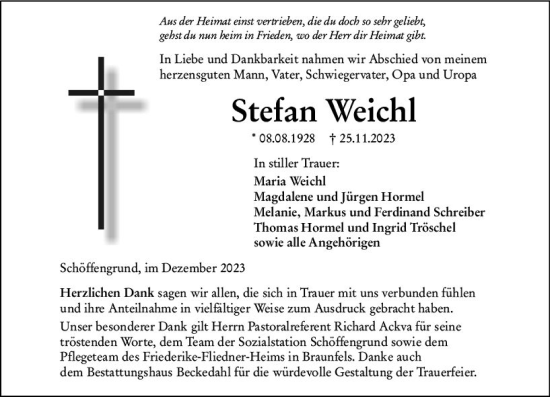 Traueranzeige von Stefan Weichl von Wetzlarer Neue Zeitung