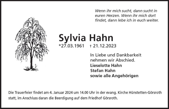 Traueranzeige von Sylvia Hahn von Wiesbadener Kurier