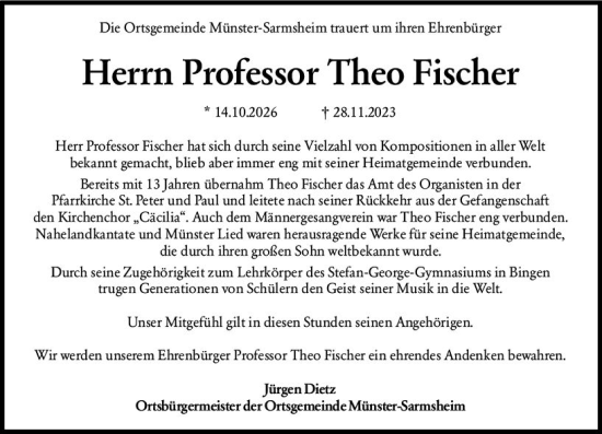 Traueranzeige von Theo Fischer von Allgemeine Zeitung Bingen/Ingelheim