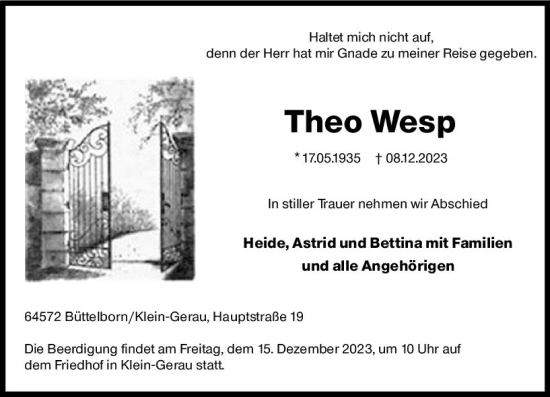 Traueranzeige von Theo Wesp von Groß-Gerauer Echo