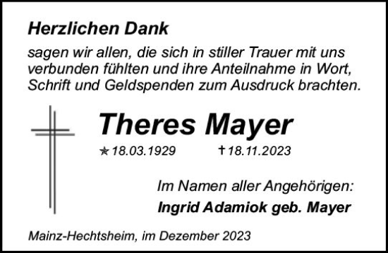 Traueranzeige von Theres Mayer von Allgemeine Zeitung Mainz
