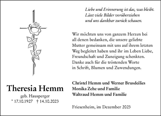 Traueranzeige von Theresia Hemm von Allgemeine Zeitung Mainz