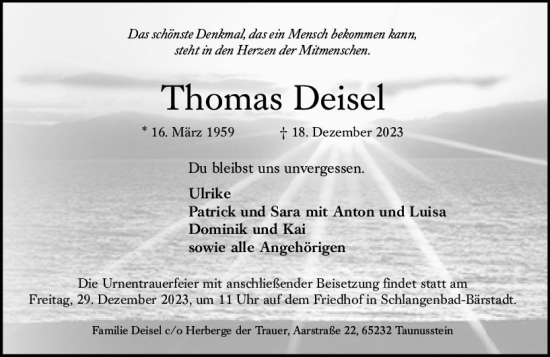 Traueranzeige von Thomas Deisel von Wiesbadener Kurier